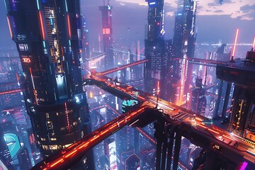 A futuristic cityscape with towering skyscrapers, elevated walkways, and glowing neon lights under a night sky