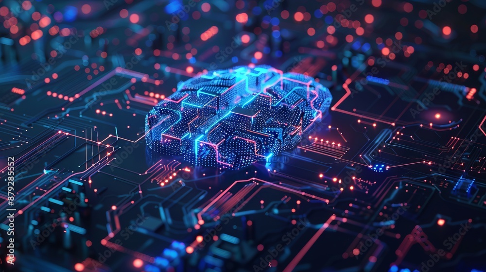 Poster digital ai chip integral into abstract technology brain on dark blue background. circuit board tech 