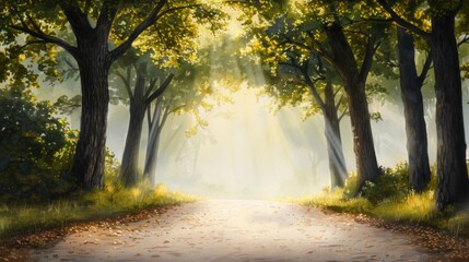 Obraz premium A serene forest pathway illuminated by golden sunlight filtering through the trees, creating a picturesque and peaceful natural scene.