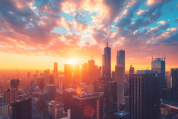Fototapeta premium Sunset Backlight Shining Through CBD Skyscrapers