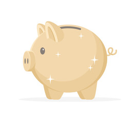 Shining golden piggy bank isolated on white background, side view. Flat vector illustration