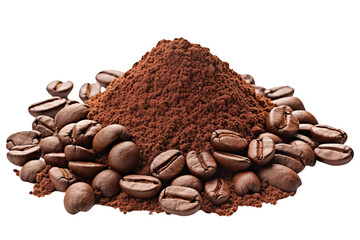 A pile of ground coffee and coffee beans isolated on a transparent background.