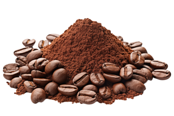 A pile of ground coffee and coffee beans isolated on a transparent background.