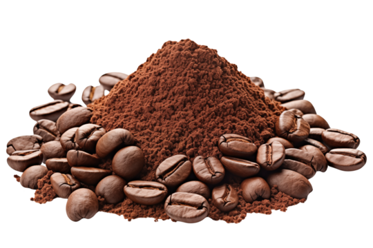 A pile of ground coffee and coffee beans isolated on a transparent background.