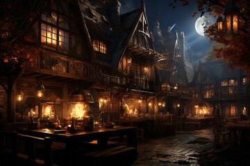 Fototapeta premium fantasy medieval tavern, exterior, illustration