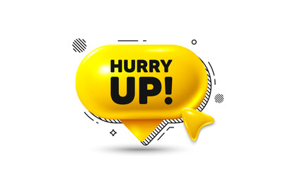 Click here speech bubble 3d icon. Hurry up sale tag. Special offer sign. Advertising discounts symbol. Hurry up sale chat offer. Speech bubble banner. Text box balloon. Vector