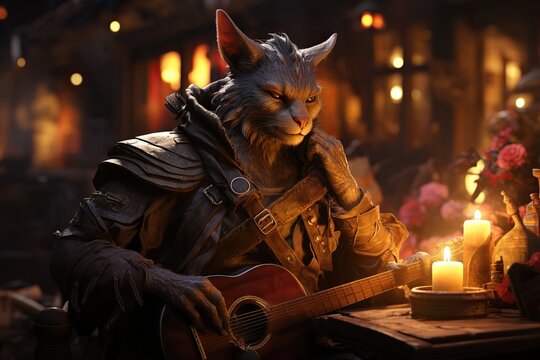 fantasy human-cat bard, illustration