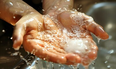 Fototapeta premium hands being washed with soap under running water, Generative AI