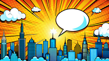 Vintage American style City background material with comic art style speech bubbles. With copy space