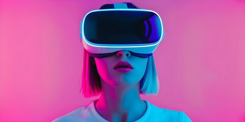 Woman in neonlit room wearing VR glasses, immersed in futuristic virtual reality. Concept Virtual Reality Fashion, Neon Lights, Futuristic Tech, Immersive Experience, VR Headset