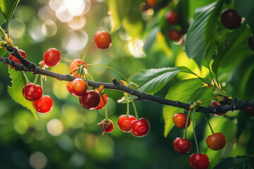 Fresh red cherries ripening on a tree branch on a farm or in orchard