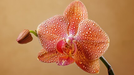 Fototapeta na wymiar A close-up of a single, delicate orchid in full bloom with dew drops on its petals