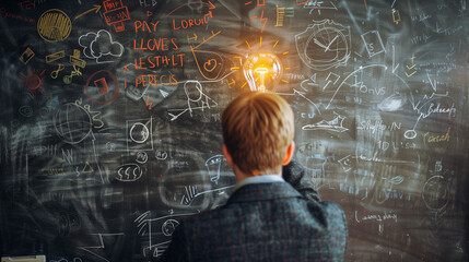 A businessman looks at a glowing light bulb above his head and a messy blackboard wall with a sketch of a business strategy.