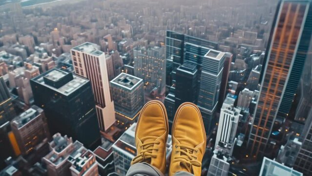 Daring perspective of feet suspended above a snowy cityscape; winter urban adventure from high up in the skyscrapers.