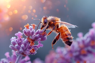Naklejka premium Close-Up of Honey Bee on Lavender Flower in Vibrant Sunlight - Nature Photography, Macro, Wildlife