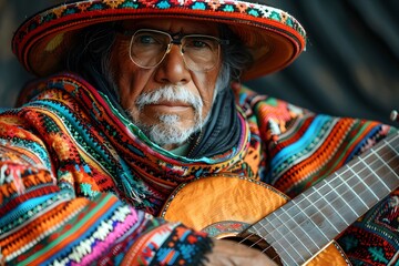 Fototapeta premium Elderly Man in Traditional Colorful Attire Playing Guitar Cultural Heritage, Folk Music, Travel Photography