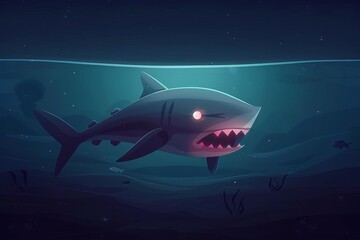 Fototapeta premium Aquatic environment, sea creature and fierce hunter, flat design illustration, field of dept deep odject, all cover focus text, for spacecopy