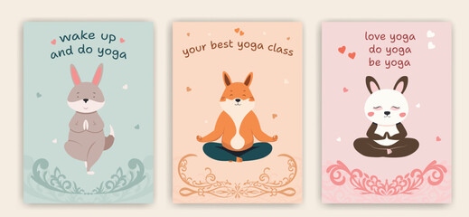 Yoga postcards with cute animal characters. Cartoon animals doing yoga and meditation in lotus pose and tree pose. Inspirational illustration for good mood