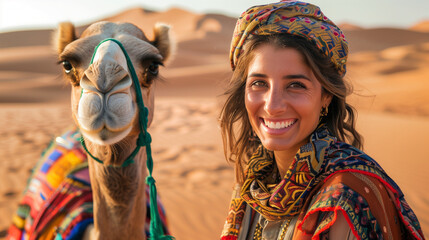 A guide in traditional costume smiles as she poses next to a camel against the desert background. Her clothing is elegant and colorful, matching the local climate and lifestyle.