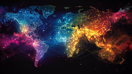 The intensely colorful world map shows all the continents connected by a network of lines. Bright colors and precise connections symbolize international relations and cooperation.