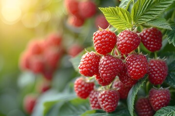 Ripe Red Raspberries on the Vine in Sunlight - Summer Fruit Bounty for Seasonal Design