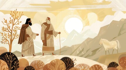 Genesis : Abraham and Abimelech , Biblical Illustration of the Lasting Peace Between Abraham and Abimelech, Genesis Story, Beige Background, Copyspace