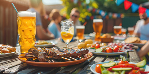 Group of friends having party outdoors. Focus on wooden table with food