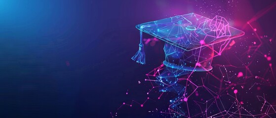 AI education or machine learning background. Abstract digital tech bg. AI chip and graduate hat in blue with light neon effects. Artificial Intelligence concept. Low poly wireframe illustration