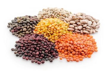 Group of Beans and Lentils on White Background. Assorted Beluga, Brown, Red, and Yellow Legumes
