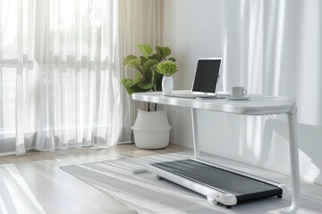 Modern home office featuring a walking pad treadmill positioned beneath a standing desk, promoting an active and healthy work environment