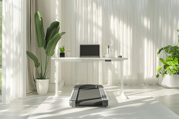 Walking pad treadmill is placed under a standing desk in a home office, promoting a healthy work-life balance
