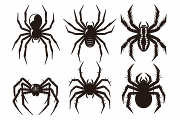 Set of black spider silhouettes, spider icons, vector spiders