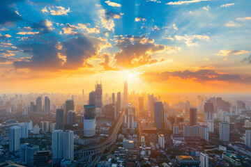 Obraz premium Sunset Backlight Shining Through CBD Skyscrapers