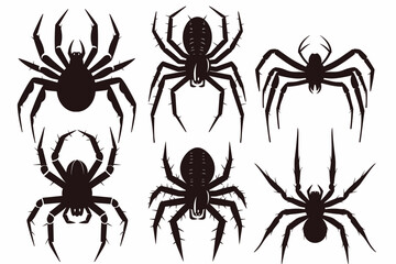 Set of black spider silhouettes, spider icons, vector spiders