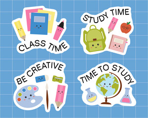 Collection of back to school stickers, supplies, stationary. Hello school collection for pupils. Clipart of stickers with supplies for pupils, lessons. Educational tools for study.