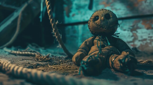 Voodoo doll in a dark room on the floor. AI generated.