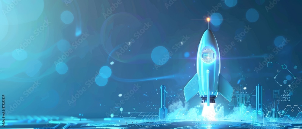 Poster digital abstract rocket and ai chip. abstract technology light blue background. artificial intellige