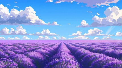 Obraz premium A field of lavender stretching to the horizon under a bright blue sky with fluffy white clouds
