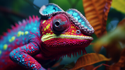 Fototapeta premium Colorful Chameleon Portrait Showing Vibrant Skin Patterns Close-up View