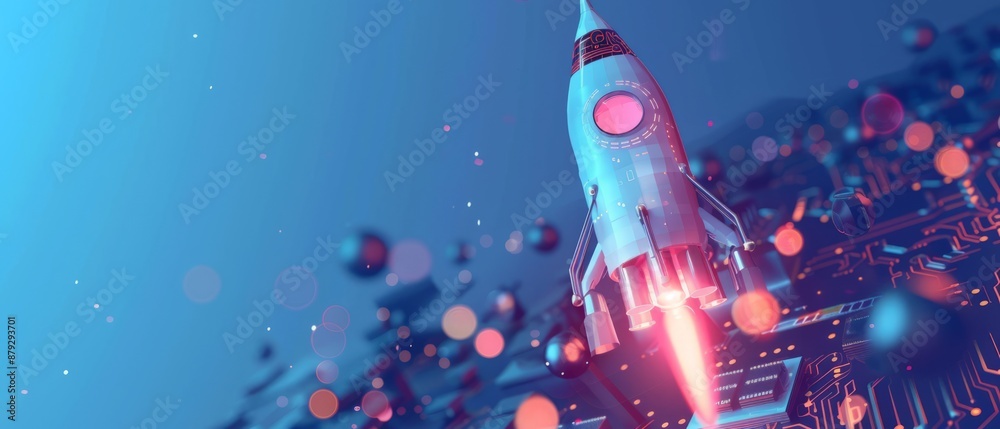 Poster digital abstract rocket and ai chip. abstract technology light blue background. artificial intellige