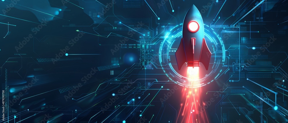 Poster digital abstract rocket and ai chip. abstract technology light blue background. artificial intellige