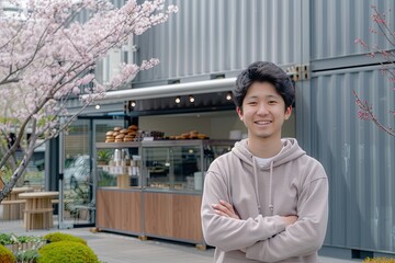 A Springtime Smile: The Bakery Owner Under Cherry Blossoms