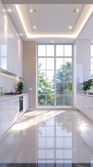 Fototapeta premium Modern white kitchen with stainless steel appliances, white cabinets, a black window frame, and a view of trees and greenery. Light grey tiled floor