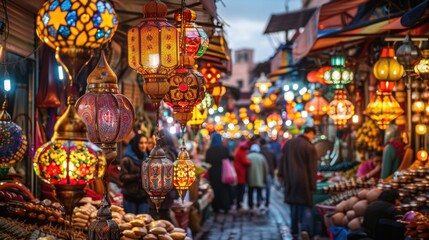 Fototapeta premium A lively street market in Morocco during Ramadan, filled with colorful lanterns, traditional foods, and people in festive clothing