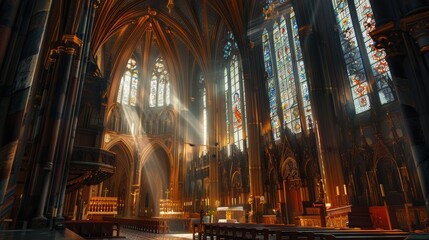 Fototapeta premium A majestic Gothic cathedral with towering spires, intricate carvings, and light streaming through stained glass windows during a solemn evening mass