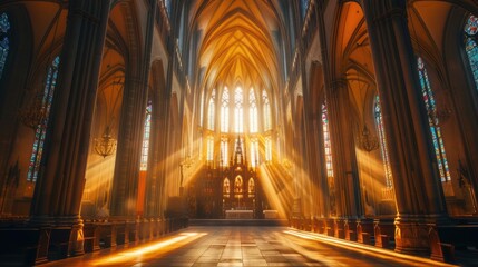 A majestic Gothic cathedral with towering spires, intricate carvings, and light streaming through stained glass windows during a solemn evening mass