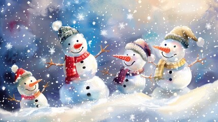 Snowy winter greeting card featuring snowmen