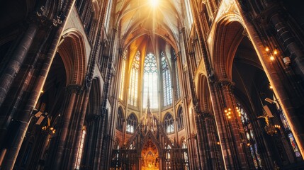 A majestic Gothic cathedral with towering spires, intricate carvings, and light streaming through stained glass windows during a solemn evening mass