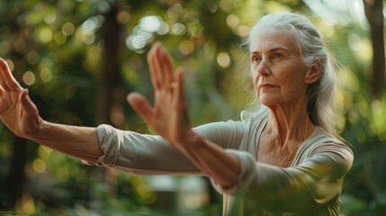 old woman exercise pose in park, happy retirement and aging society concept