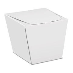 White blank flat pack box with locking lid. Realistic 3d vector mock-up. Cardboard gift box. Mockup. Takeout food packaging. Template for design